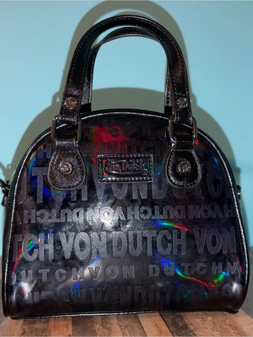 Von Dutch Black Holographic Onyx Logo Bowling Bag Detachable Strap NWOT